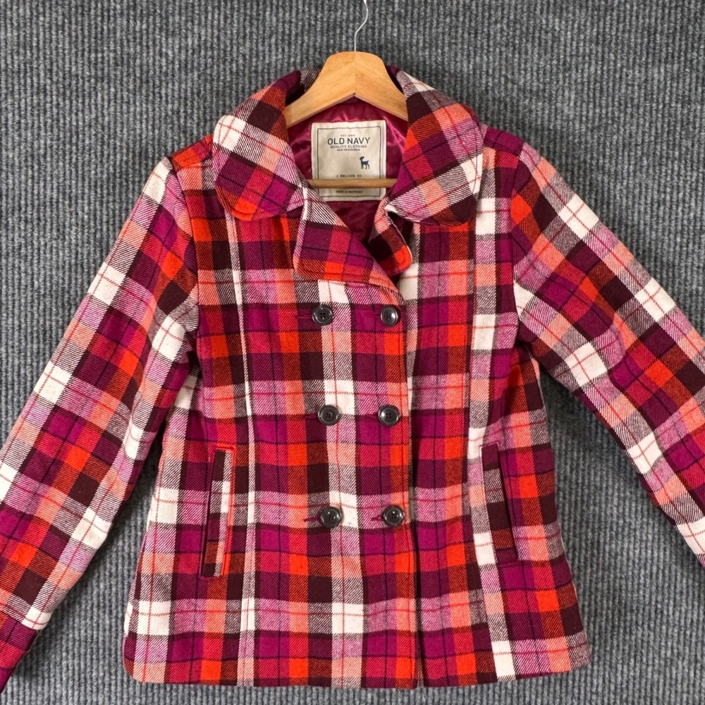 VTG Old Navy Womens M Plaid Wool Blend Jacket Pink Orange Double Breasted Coat